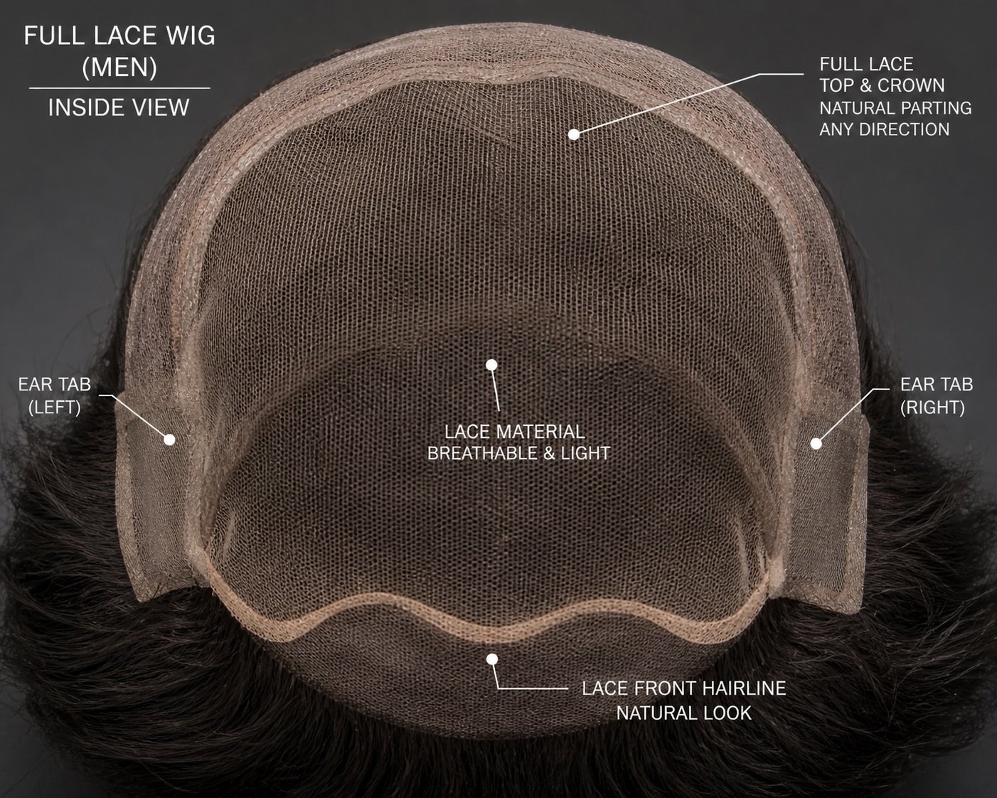 Close-up of a lace-base men's hair wig used at Topee Bangalore